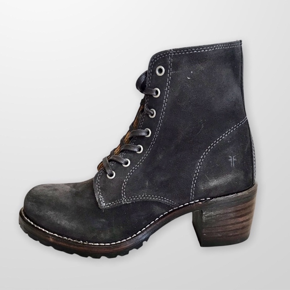 RARE Frye Sabrina 6G Grey Suede/Leather Lace Up Combat Moto Heeled Ankle Booties - Picture 4 of 7